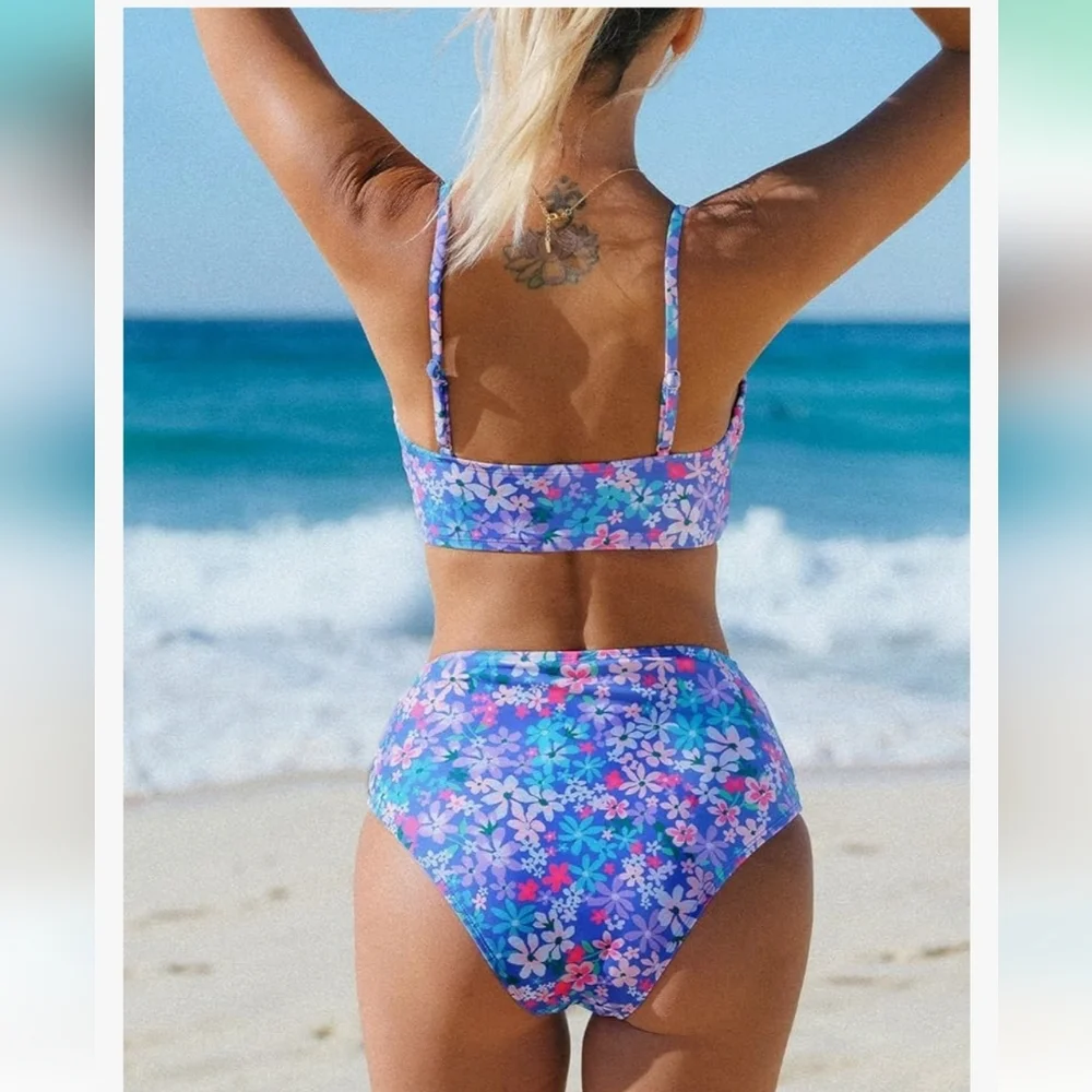 Bikini‎ Swimsuit High Waisted V Neck Twist Front purple sz S